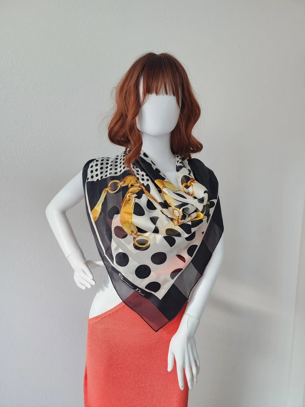 Auth Dior Polka Dot Chain Motif Silk Scarf